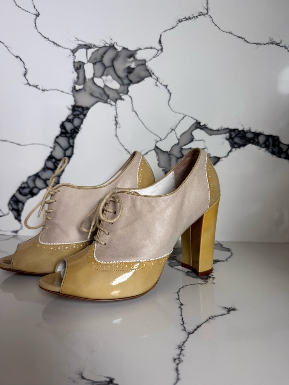 Linea Paolo Two-Tone Lace-Up Peep-Toe Heels in Beige and Yellow